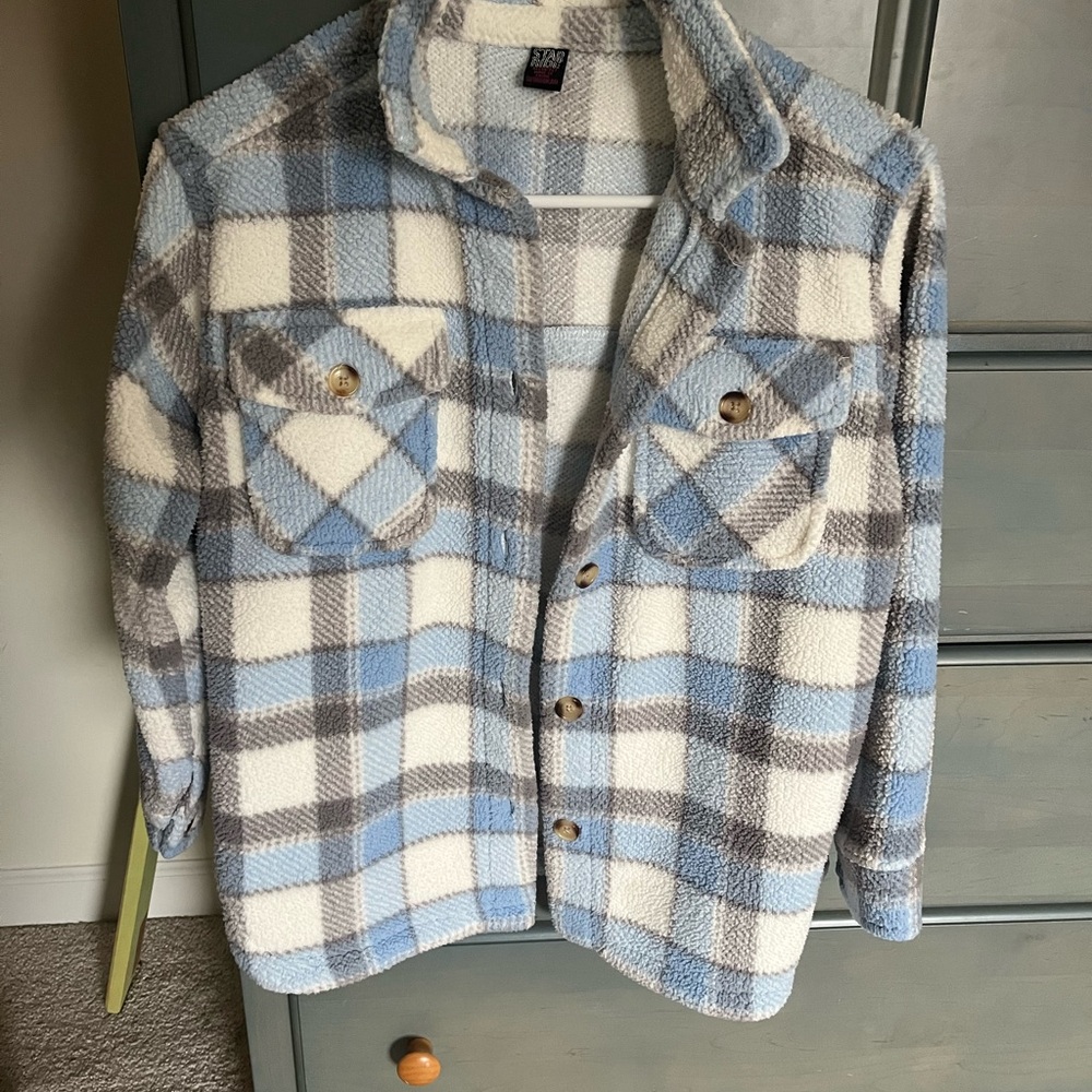 Kids Plush Plaid Shacket Jacket - Light Blue & Cream